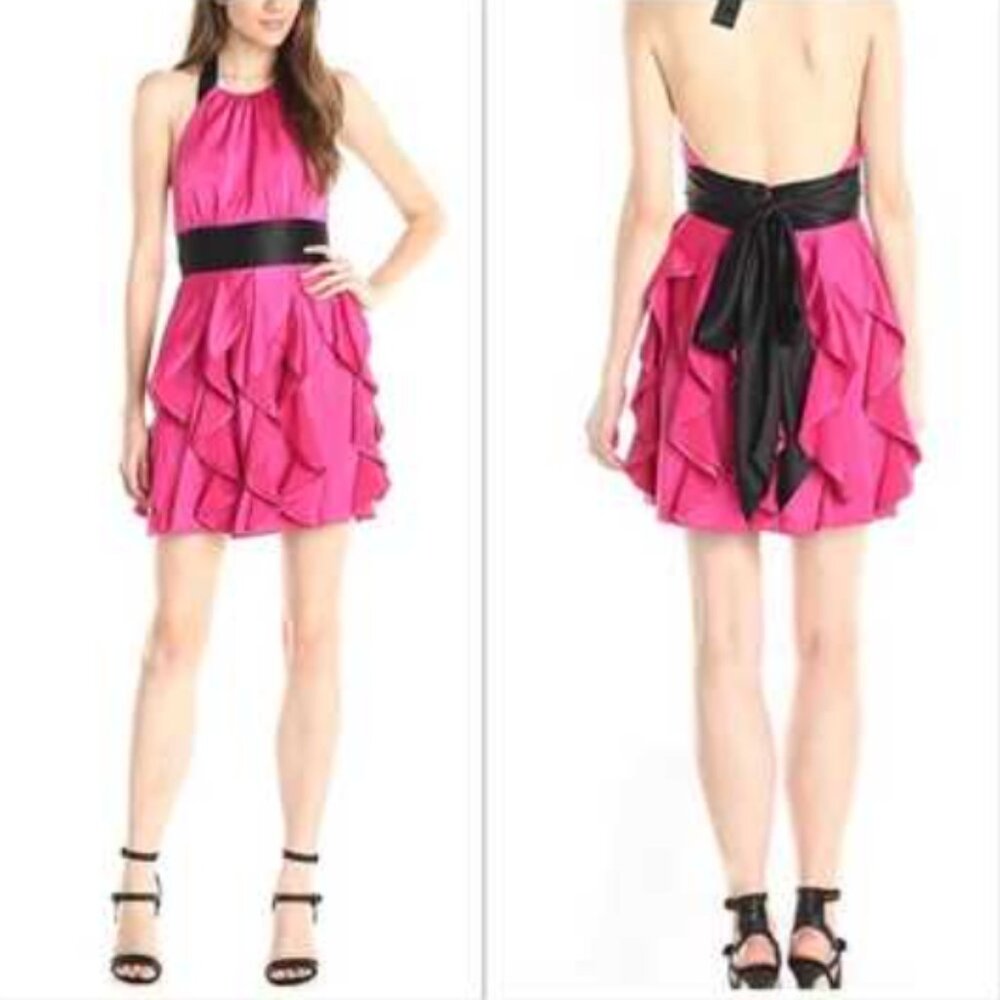 bcbgmaxazria pink satin Layla tiered ruffle halter dress